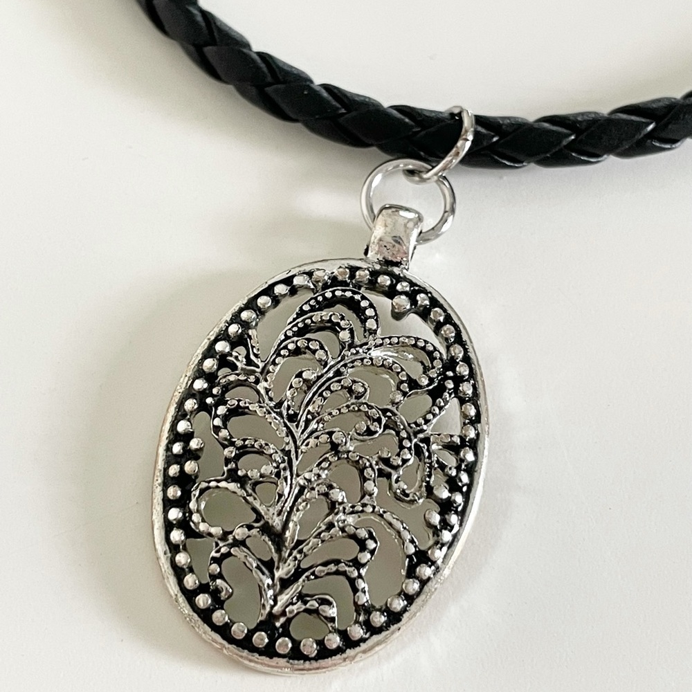 Black Braided Medallion Necklace - Picture 6 of 11